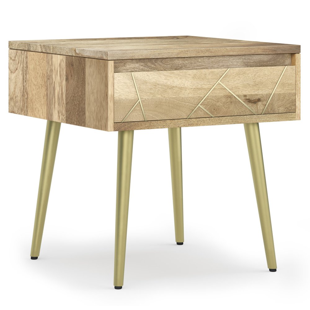 Gold and Natural Solid Wood and Iron End Table with Drawer - 22-inch