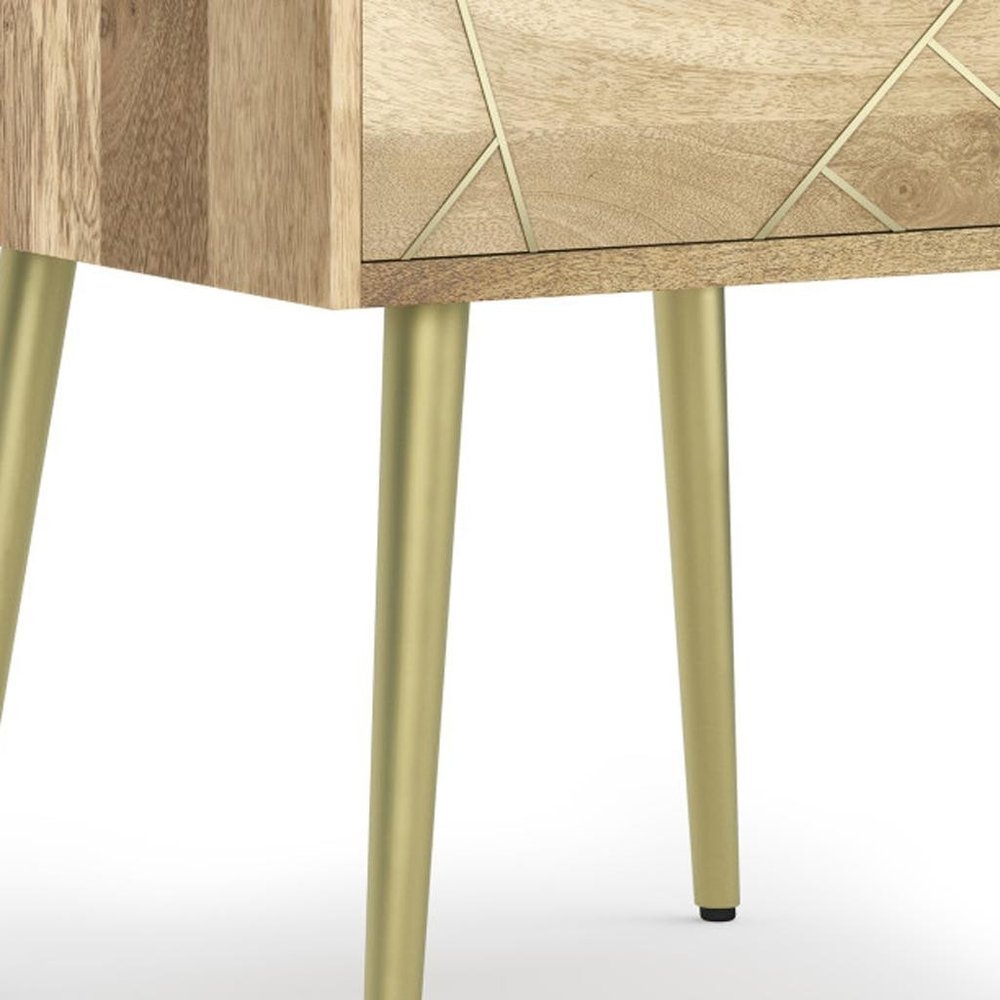 Gold and Natural Solid Wood and Iron End Table with Drawer - 22-inch
