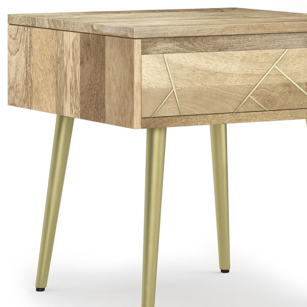 Gold and Natural Solid Wood and Iron End Table with Drawer - 22-inch