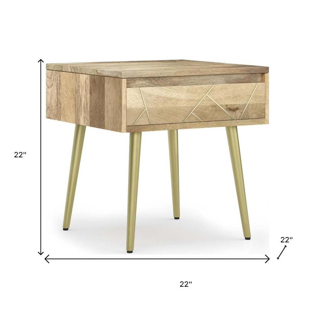 Gold and Natural Solid Wood and Iron End Table with Drawer - 22-inch