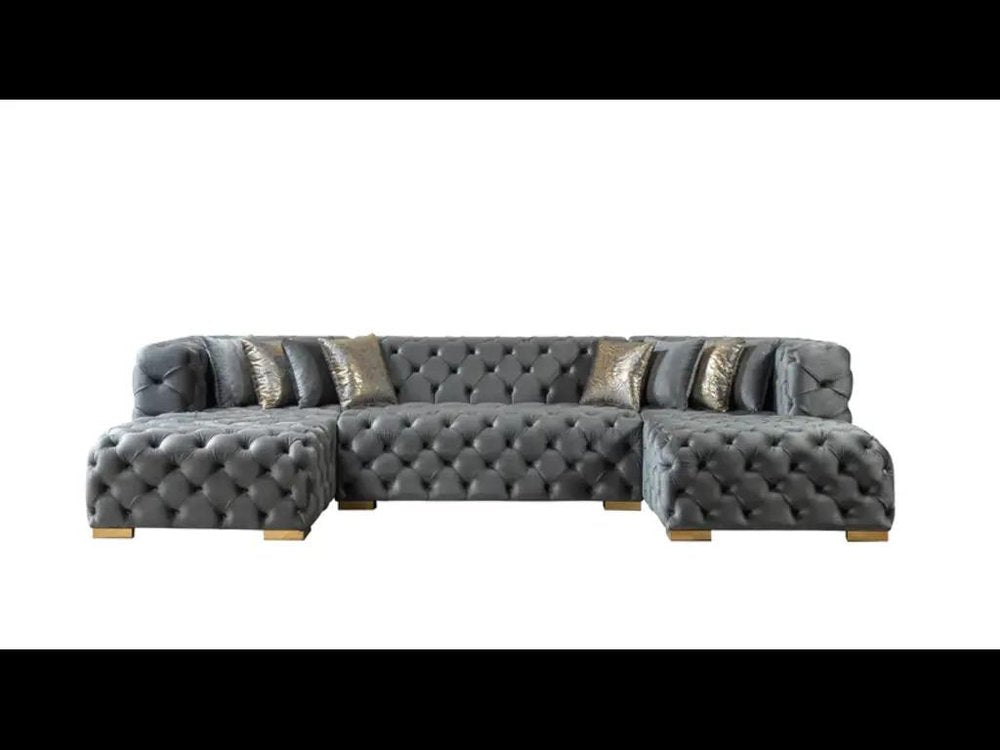 Tufted Gray Velvet Modular U Shaped Sofa and Chaise Sectional with Toss Pillows