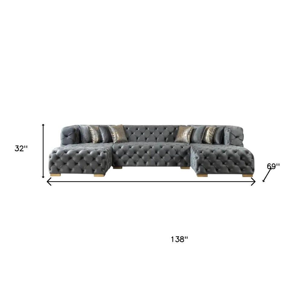 Tufted Gray Velvet Modular U Shaped Sofa and Chaise Sectional with Toss Pillows