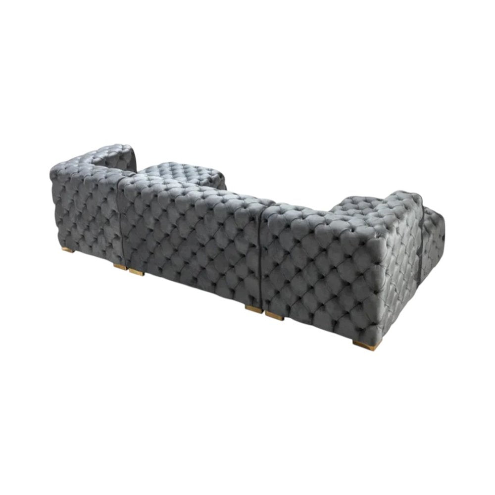 Tufted Gray Velvet Modular U Shaped Sofa and Chaise Sectional with Toss Pillows