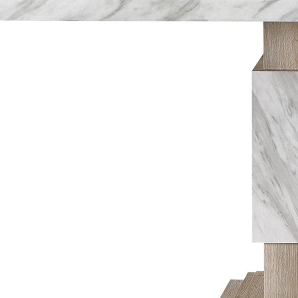 White and Natural Faux Marble and Wood Double Pedestal Base Dining Table
