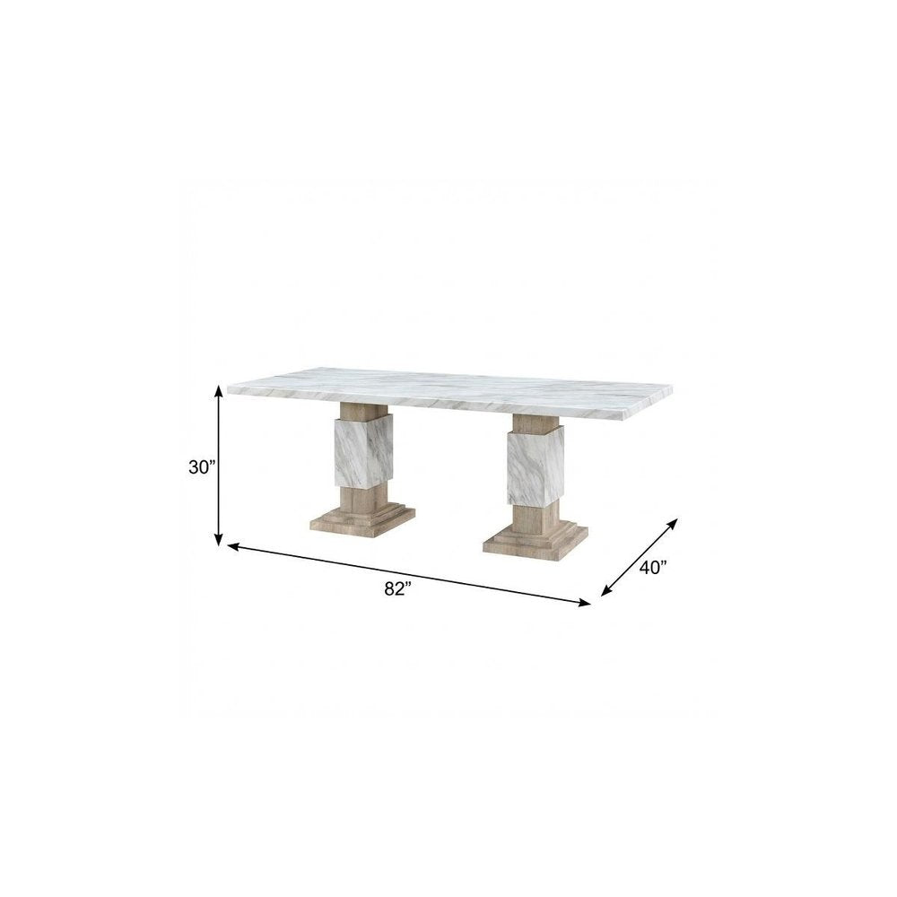 White and Natural Faux Marble and Wood Double Pedestal Base Dining Table