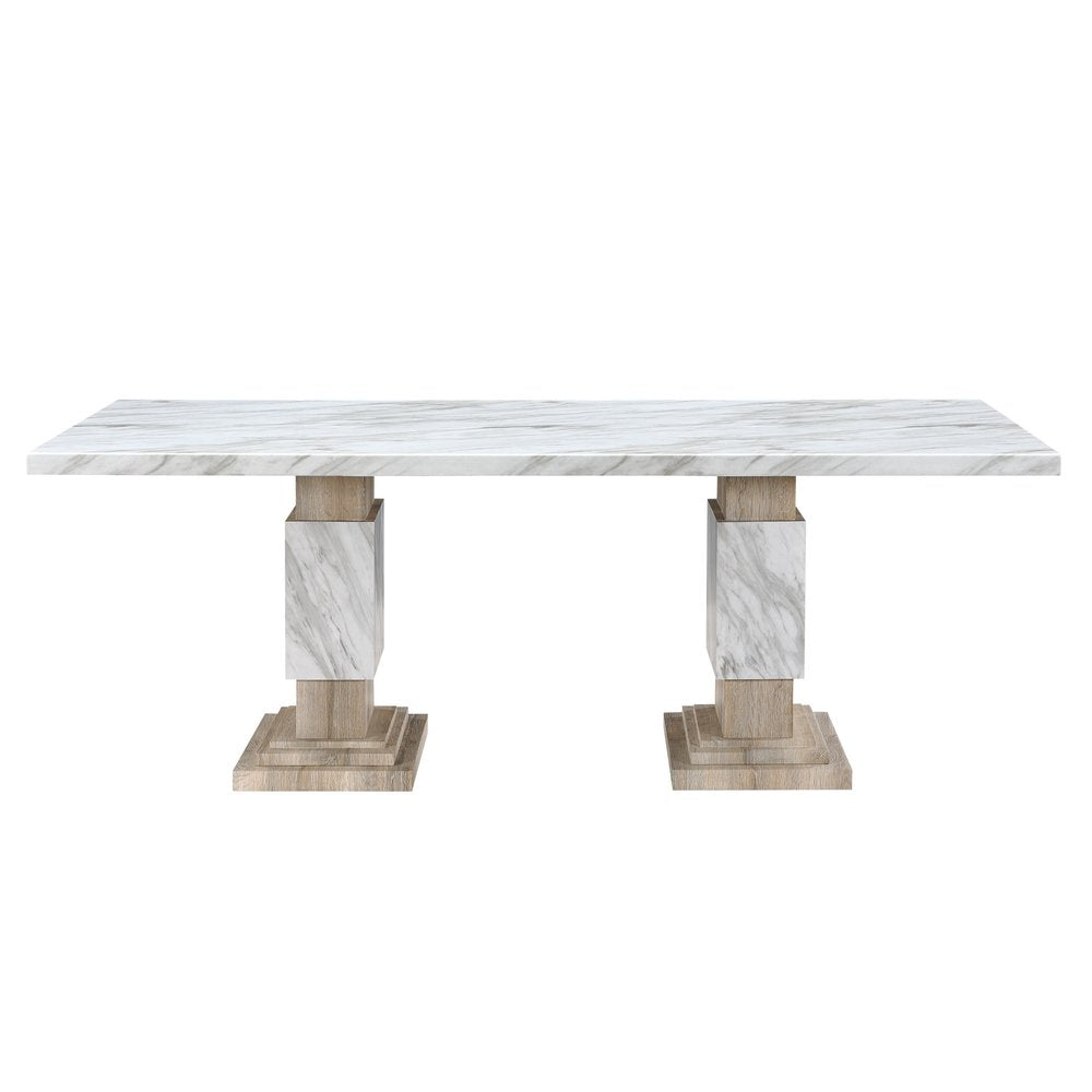 White and Natural Faux Marble and Wood Double Pedestal Base Dining Table