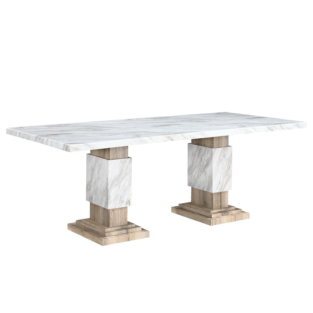 White and Natural Faux Marble and Wood Double Pedestal Base Dining Table