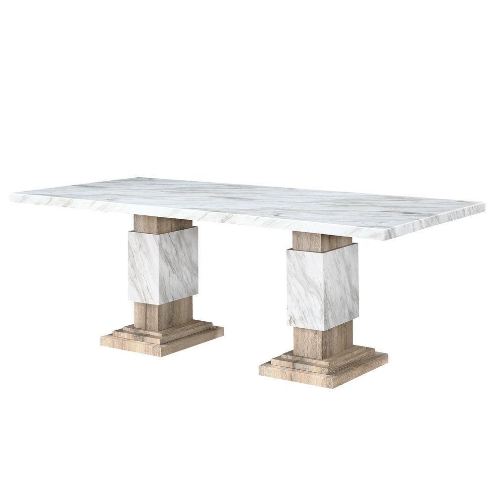 White and Natural Faux Marble and Wood Double Pedestal Base Dining Table