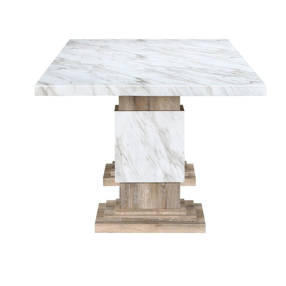 White and Natural Faux Marble and Wood Double Pedestal Base Dining Table