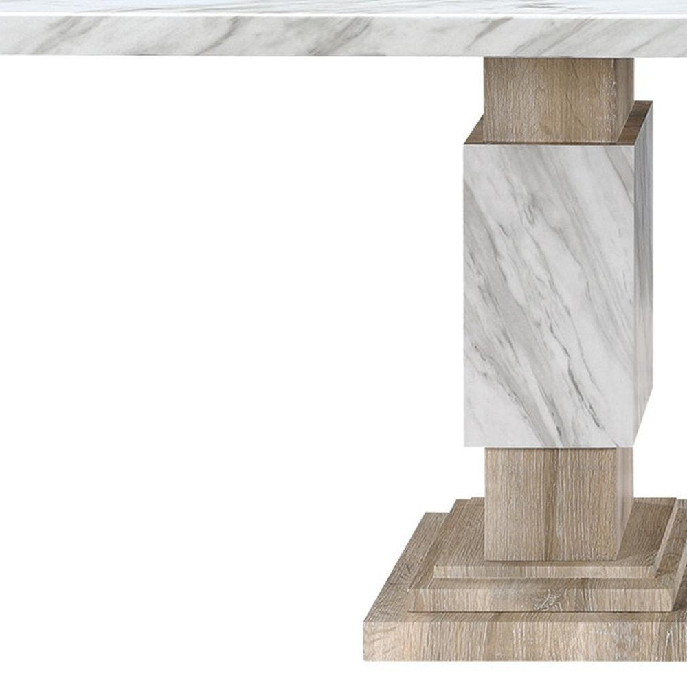 White and Natural Faux Marble and Wood Double Pedestal Base Dining Table