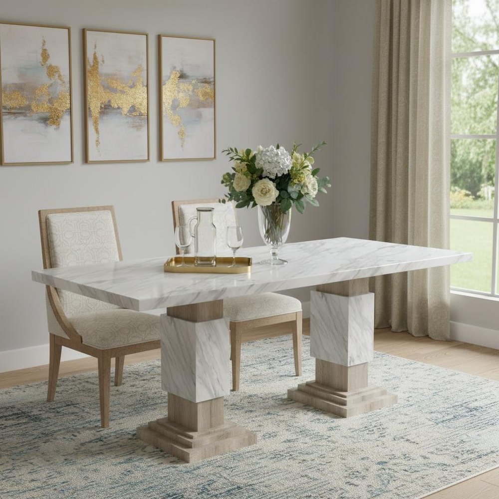 White and Natural Faux Marble and Wood Double Pedestal Base Dining Table