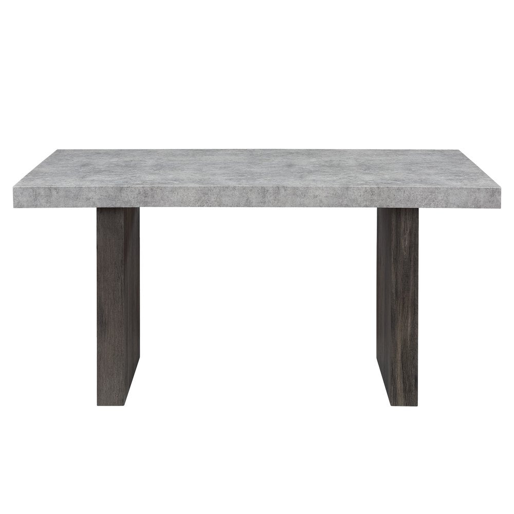 Gray and Dark Brown Faux Marble and Wood Double Pedestal Base Dining Table