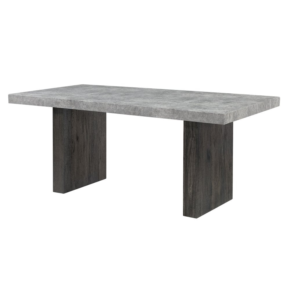 Gray and Dark Brown Faux Marble and Wood Double Pedestal Base Dining Table