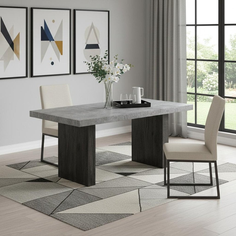 Gray and Dark Brown Faux Marble and Wood Double Pedestal Base Dining Table