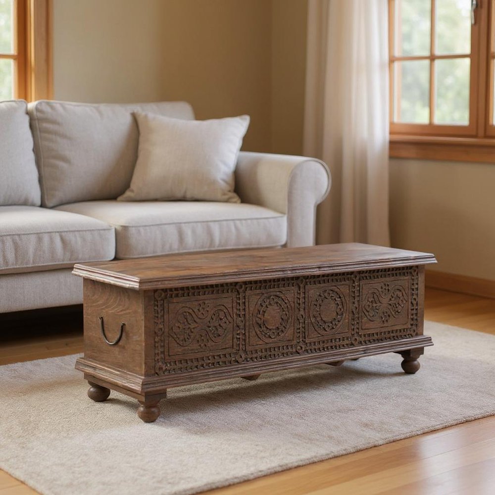Brown Solid Wood Medallion Storage Ottoman - 54-inch
