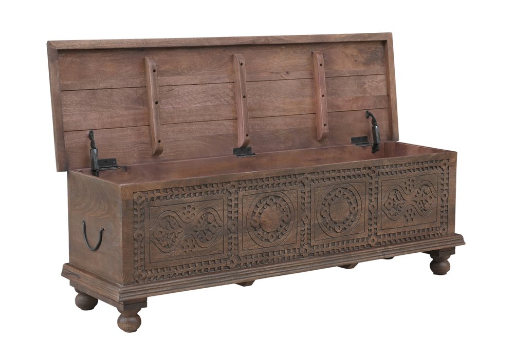 Brown Solid Wood Medallion Storage Ottoman - 54-inch