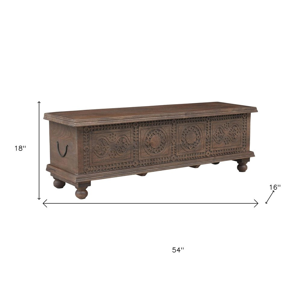 Brown Solid Wood Medallion Storage Ottoman - 54-inch