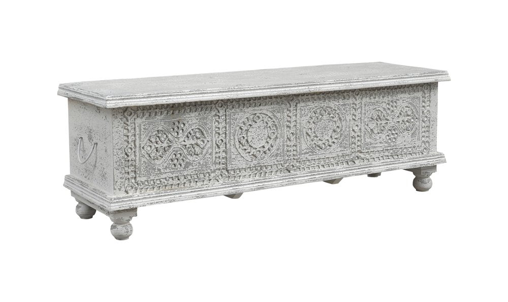 White Solid Wood Medallion Storage Ottoman - 54-inch