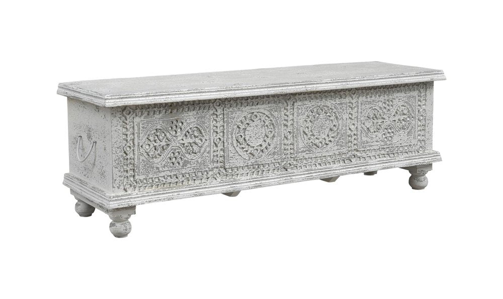 White Solid Wood Medallion Storage Ottoman - 54-inch