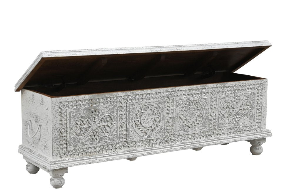 White Solid Wood Medallion Storage Ottoman - 54-inch