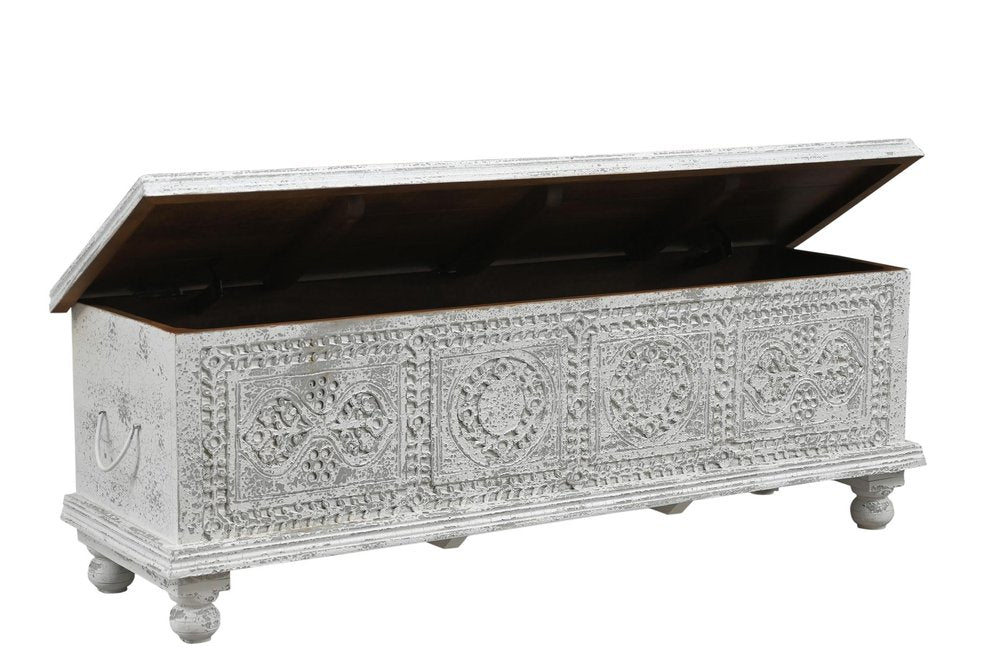 White Solid Wood Medallion Storage Ottoman - 54-inch