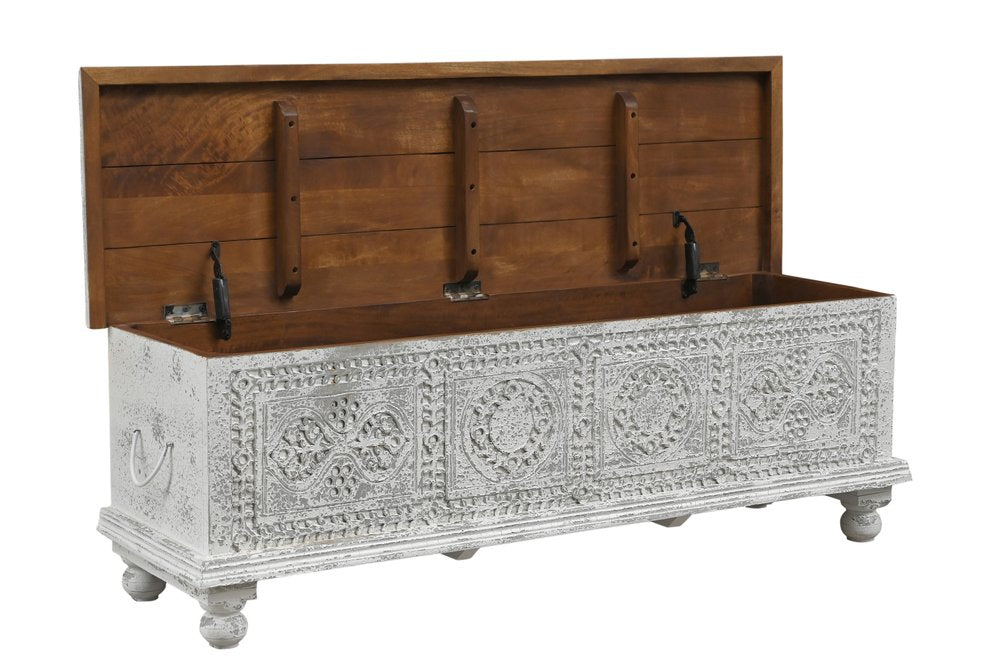 White Solid Wood Medallion Storage Ottoman - 54-inch