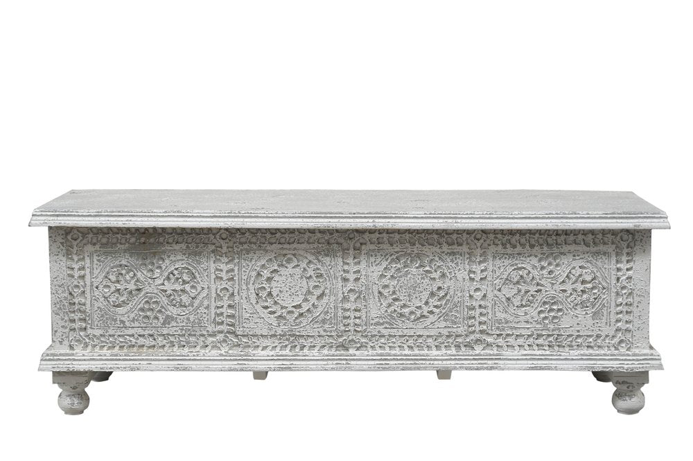 White Solid Wood Medallion Storage Ottoman - 54-inch