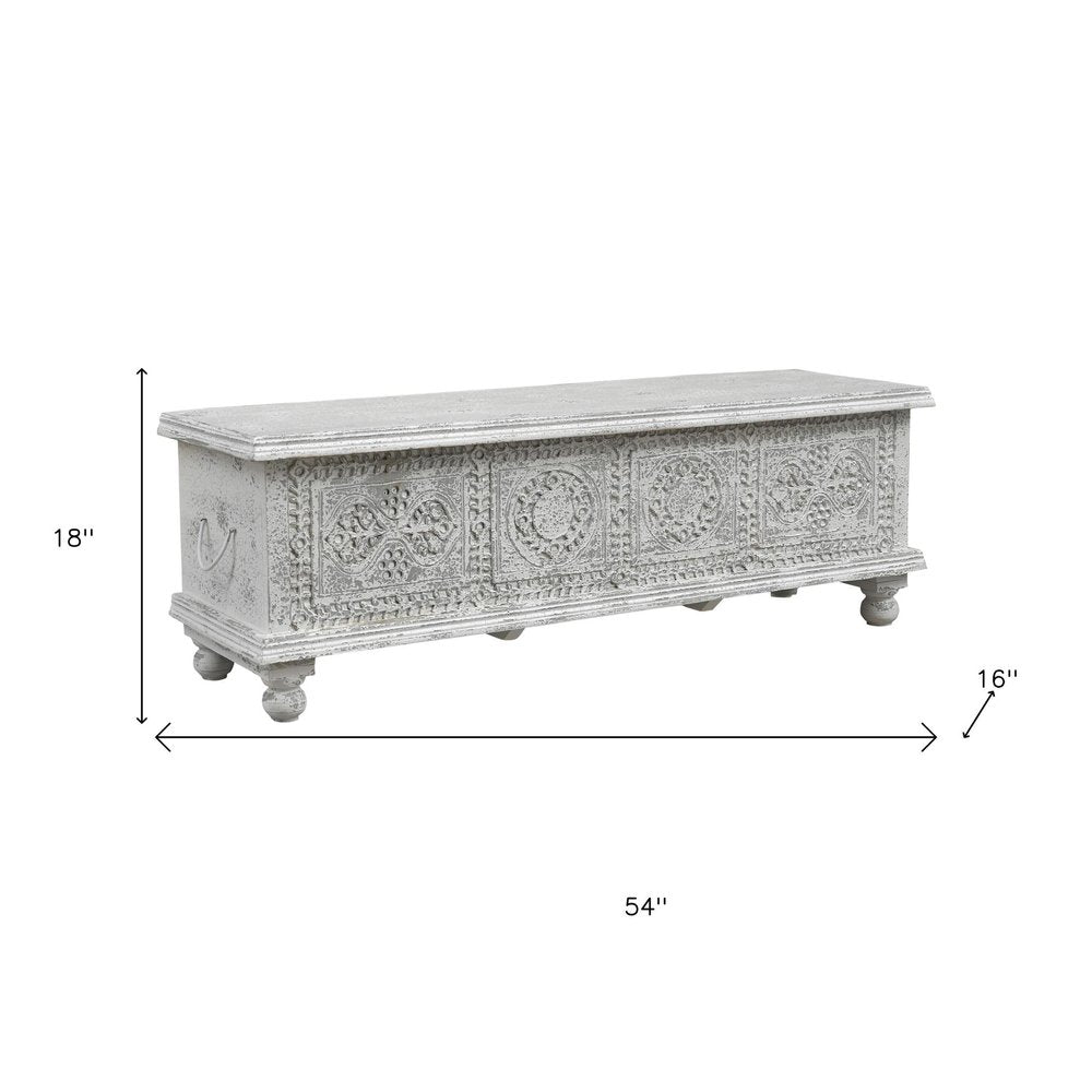 White Solid Wood Medallion Storage Ottoman - 54-inch
