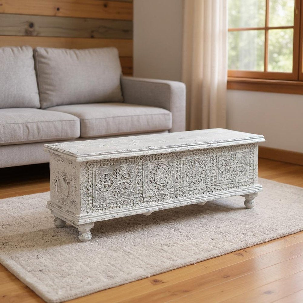 White Solid Wood Medallion Storage Ottoman - 54-inch