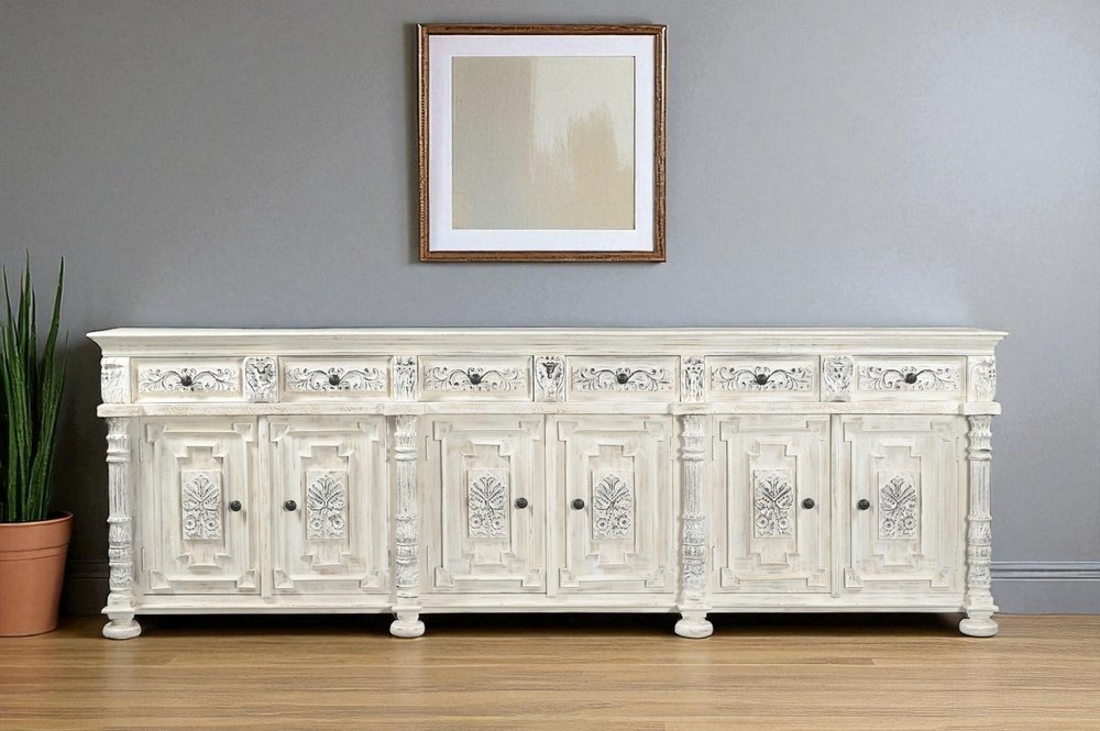 White Distressed Solid Wood Carved Floral Six Drawer Sideboard with Six Doors