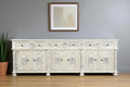 White Distressed Solid Wood Carved Floral Six Drawer Sideboard with Six Doors