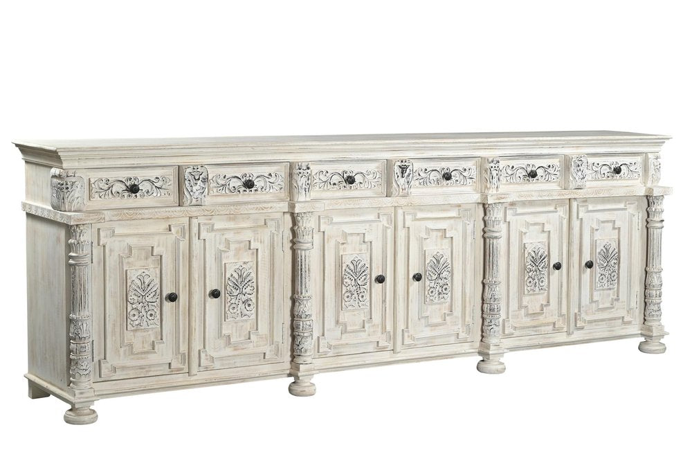 White Distressed Solid Wood Carved Floral Six Drawer Sideboard with Six Doors