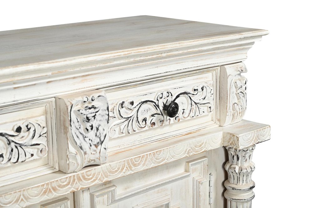 White Distressed Solid Wood Carved Floral Six Drawer Sideboard with Six Doors