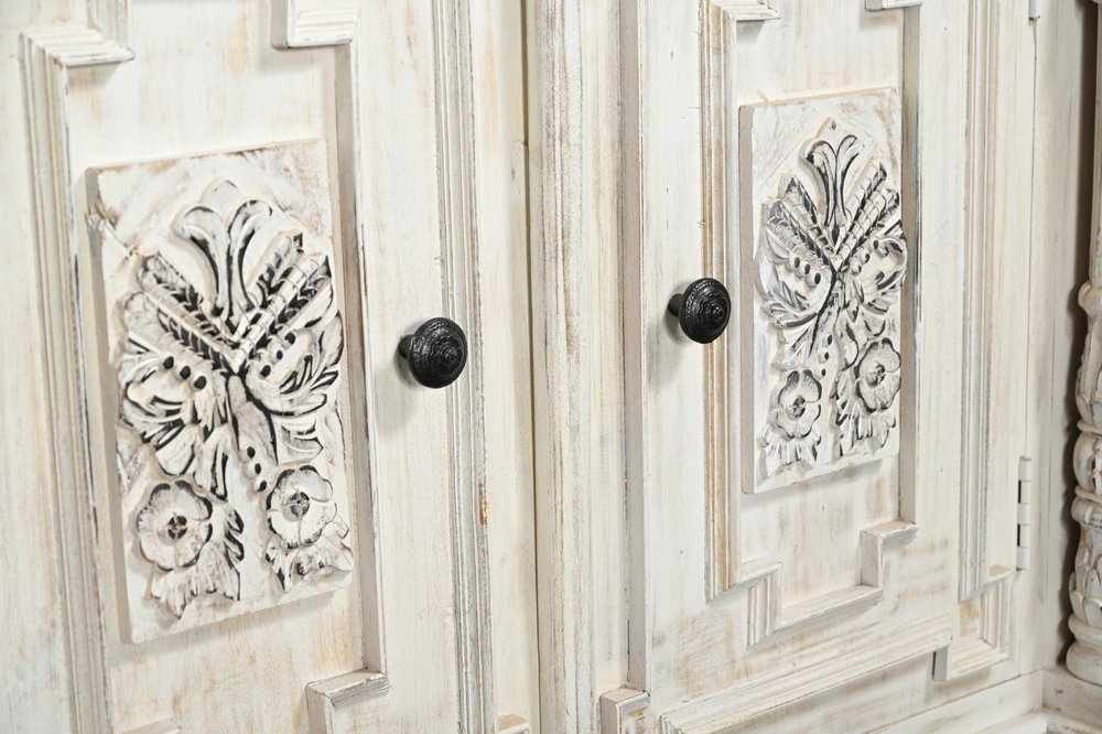 White Distressed Solid Wood Carved Floral Six Drawer Sideboard with Six Doors