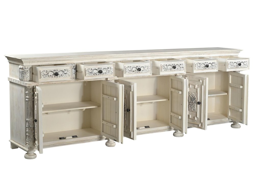 White Distressed Solid Wood Carved Floral Six Drawer Sideboard with Six Doors
