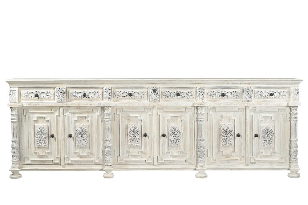 White Distressed Solid Wood Carved Floral Six Drawer Sideboard with Six Doors