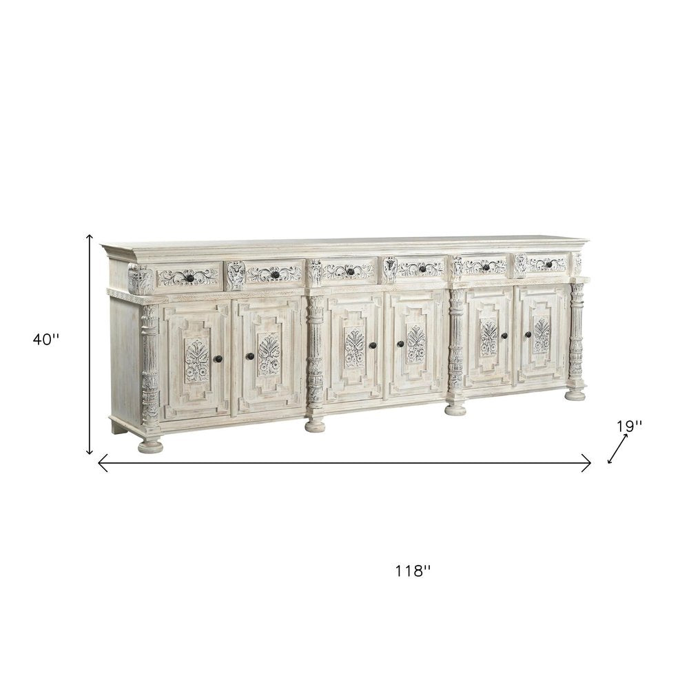 White Distressed Solid Wood Carved Floral Six Drawer Sideboard with Six Doors