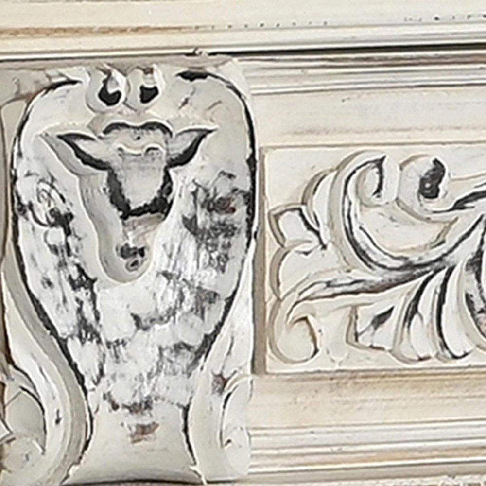White Distressed Solid Wood Carved Floral Six Drawer Sideboard with Six Doors