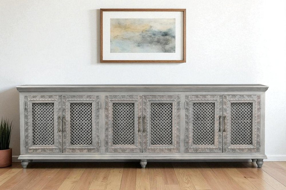 Gray Distressed Solid Wood Carved Floral Sideboard with Six Doors - 111-inch