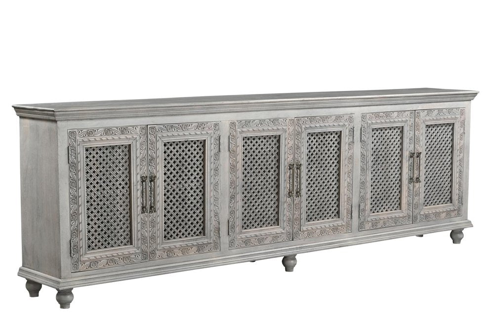 Gray Distressed Solid Wood Carved Floral Sideboard with Six Doors - 111-inch