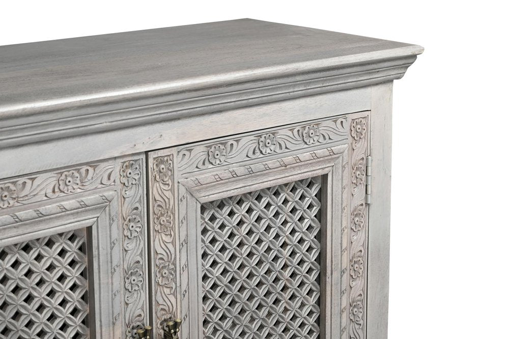 Gray Distressed Solid Wood Carved Floral Sideboard with Six Doors - 111-inch