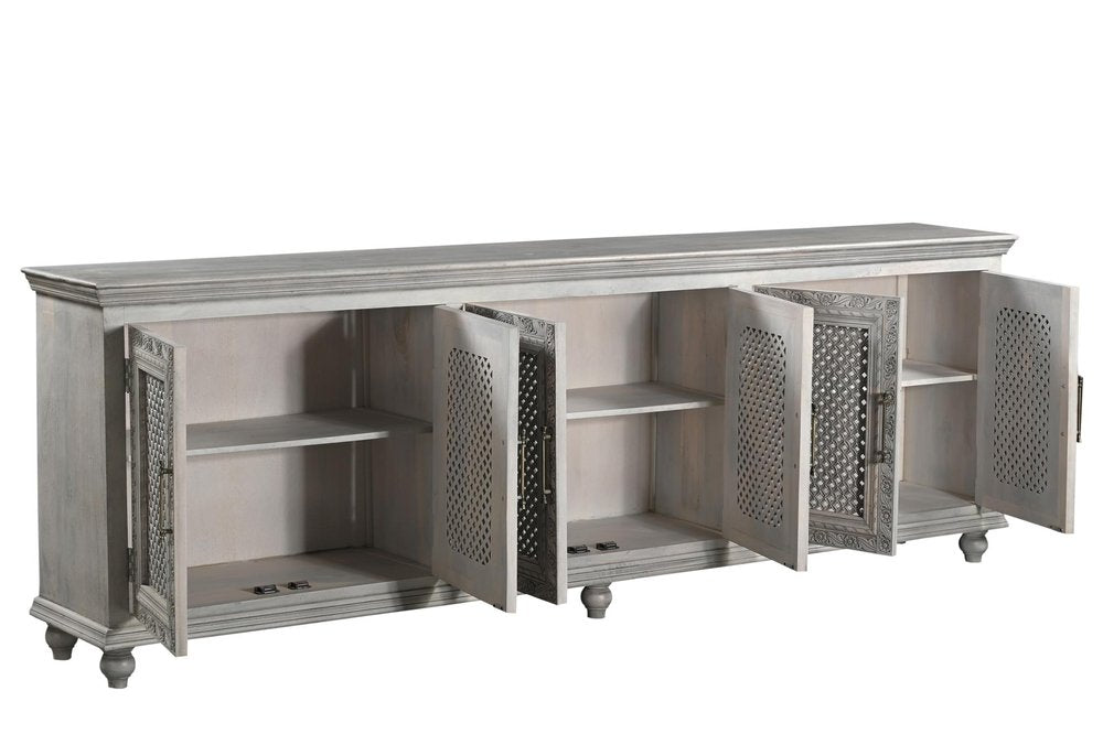 Gray Distressed Solid Wood Carved Floral Sideboard with Six Doors - 111-inch