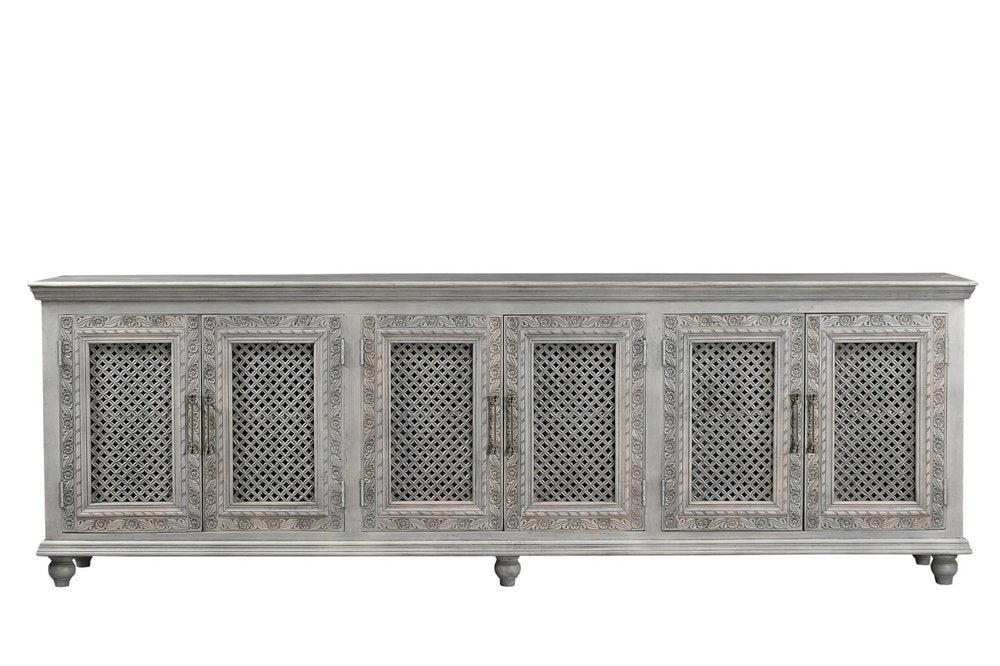 Gray Distressed Solid Wood Carved Floral Sideboard with Six Doors - 111-inch
