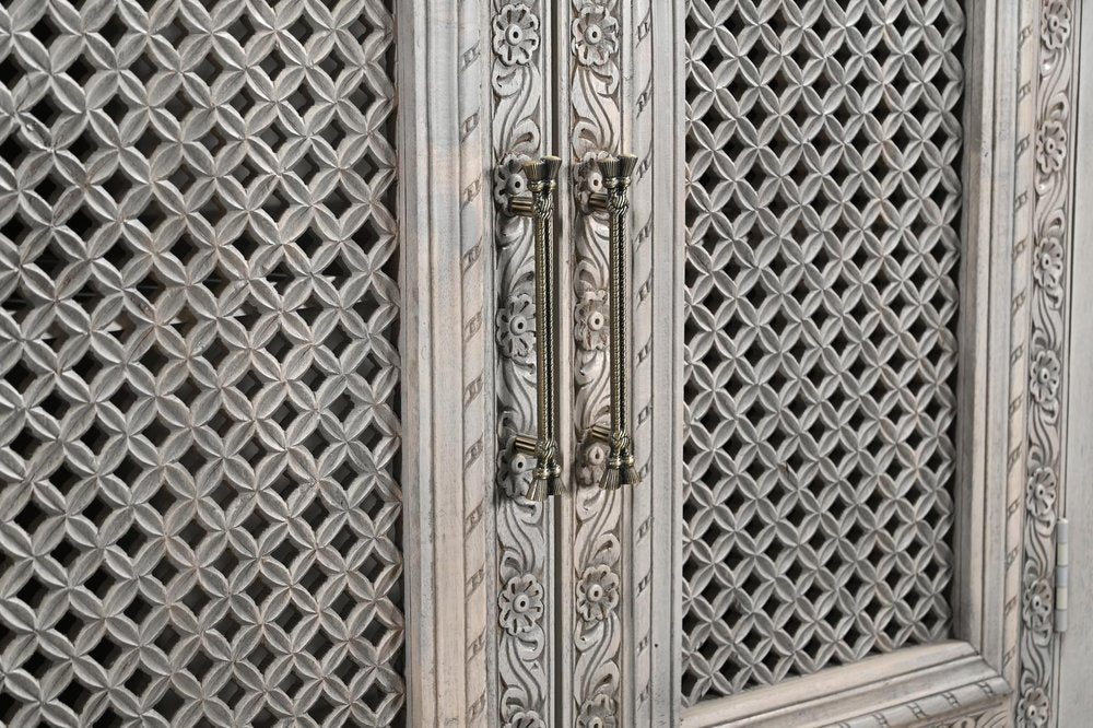 Gray Distressed Solid Wood Carved Floral Sideboard with Six Doors - 111-inch