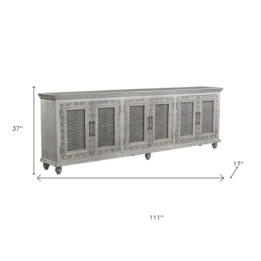Gray Distressed Solid Wood Carved Floral Sideboard with Six Doors - 111-inch