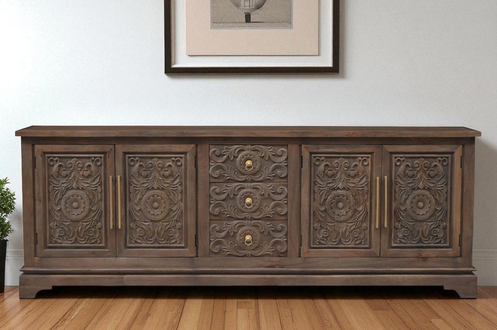 Brown Distressed Solid Wood Carved Floral Three Drawer Sideboard with Four Doors