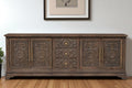 Brown Distressed Solid Wood Carved Floral Three Drawer Sideboard with Four Doors