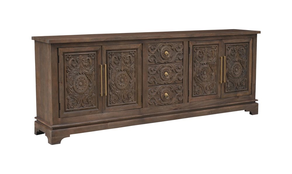 Brown Distressed Solid Wood Carved Floral Three Drawer Sideboard with Four Doors