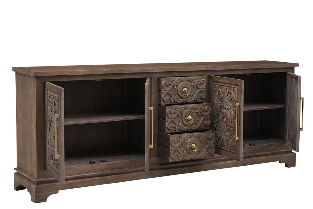 Brown Distressed Solid Wood Carved Floral Three Drawer Sideboard with Four Doors