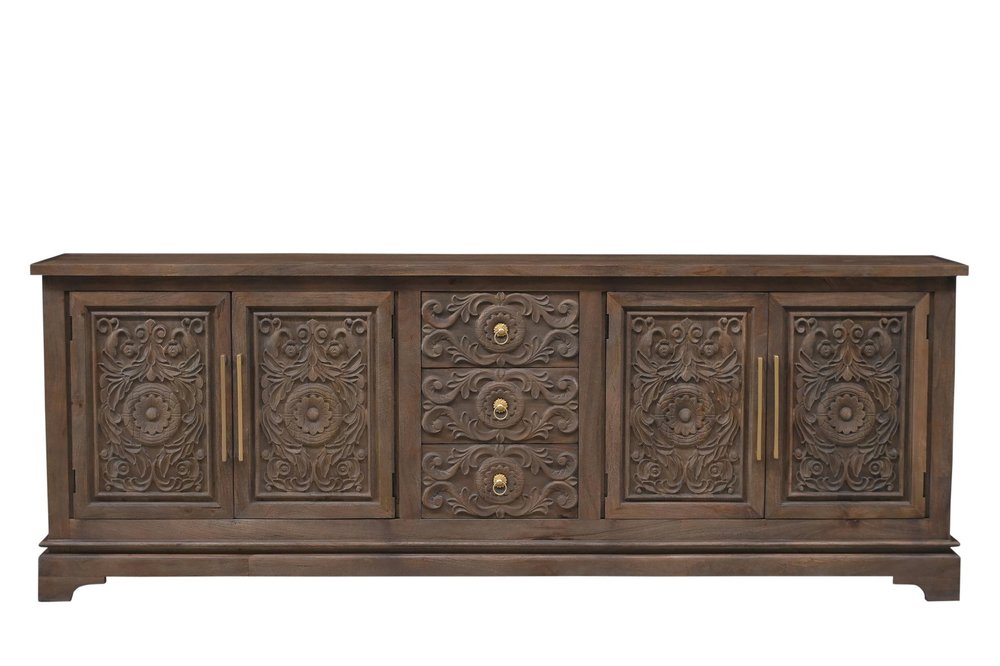 Brown Distressed Solid Wood Carved Floral Three Drawer Sideboard with Four Doors
